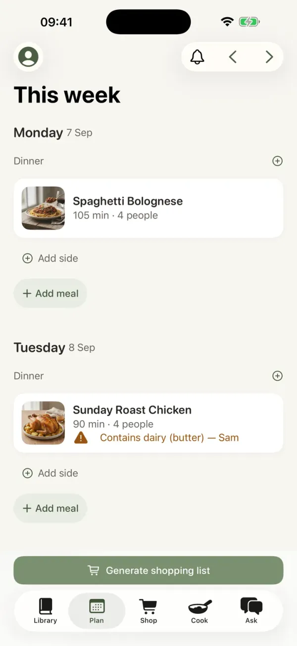 Week plan showing dinners for Monday and Tuesday, with a dairy warning on one meal