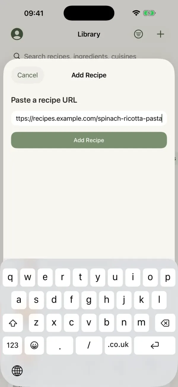 Add Recipe sheet with a recipe URL pasted in