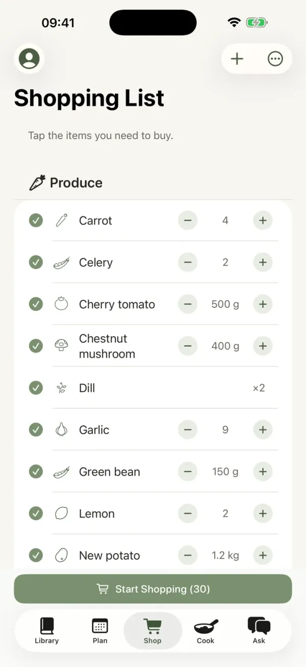 Shopping list with produce items and quantities, grouped under the Produce aisle