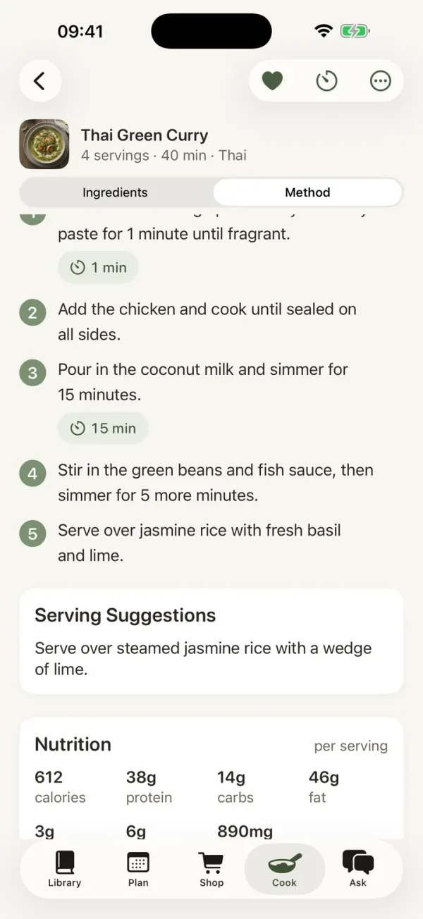 Thai Green Curry method with numbered steps and tappable 1 and 15 minute timers